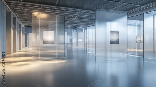 A contemporary exhibition hall with crystal-clear glass partitions being positioned to create immersive gallery spaces