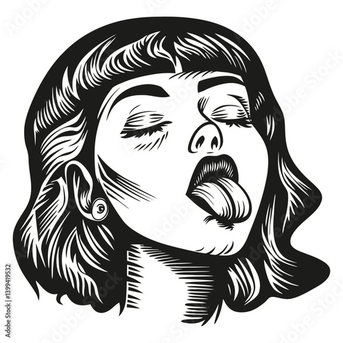 Artistic Black and White Illustration of Woman with Playful Expression