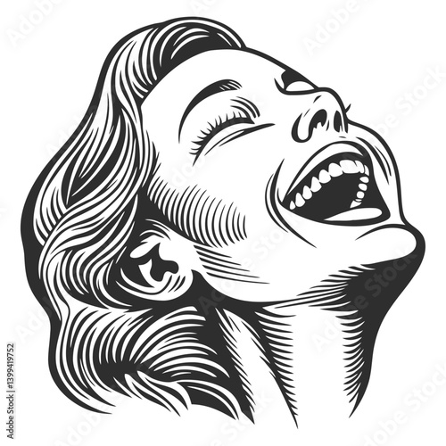 Joyful Woman Laughing with Exaggerated Expression in Black and White