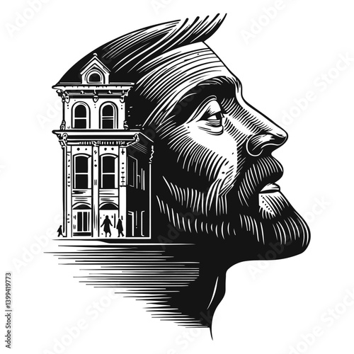 Artistic Illustration of Human Profile with Building Silhouette