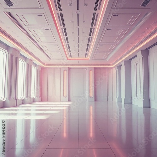 High-resolution photograph of an empty room, epic scale, modern futuristic scene, soft pastel colors, lens glow lighting, heroic and grand elements, emphasizing dramatic lighting