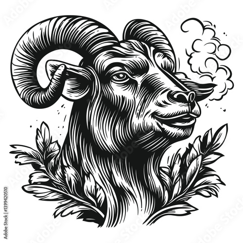Detailed Illustration of Ram Head with Ornate Leaves and Smoke