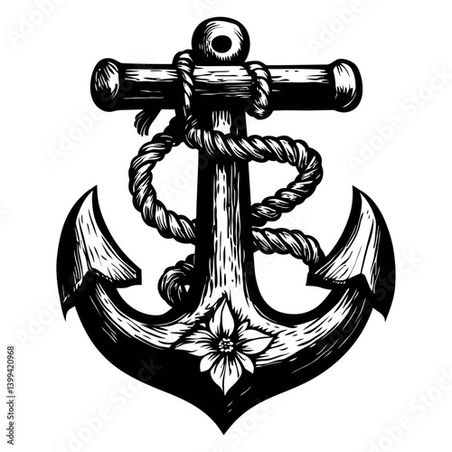 Vintage Nautical Anchor Design with Rope and Floral Accent Art