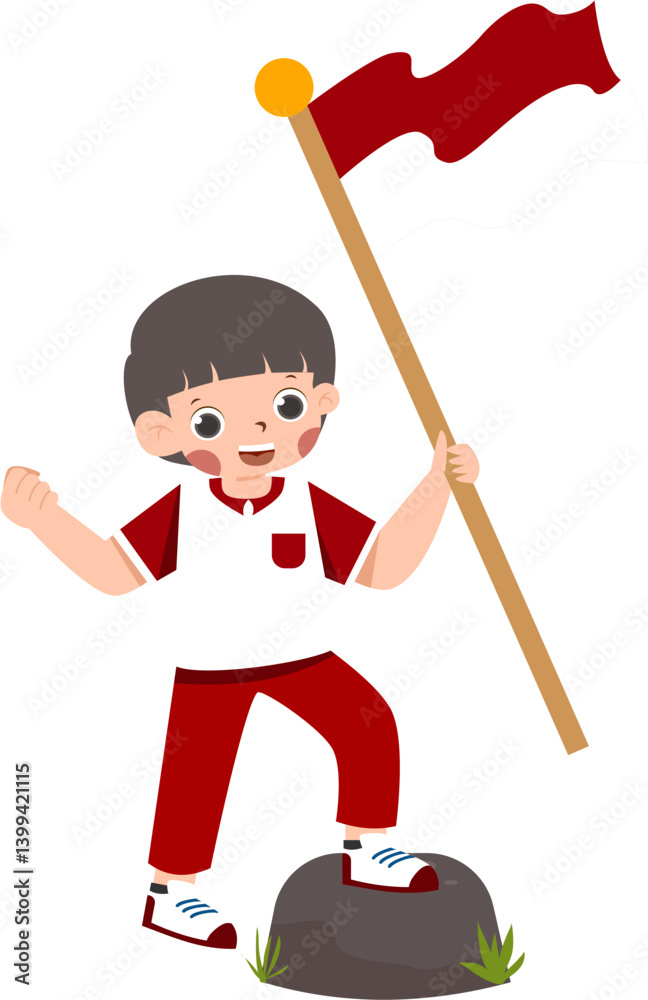 Joyful Child with Red Flag on Hilltop Joyful Child with Red Flag on Hilltop