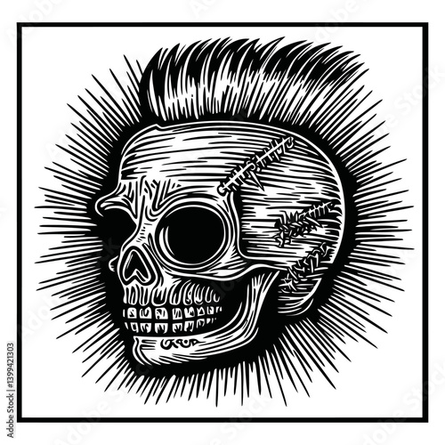 Intricate Skull Illustration with Spiked Hair and Detailed Lines