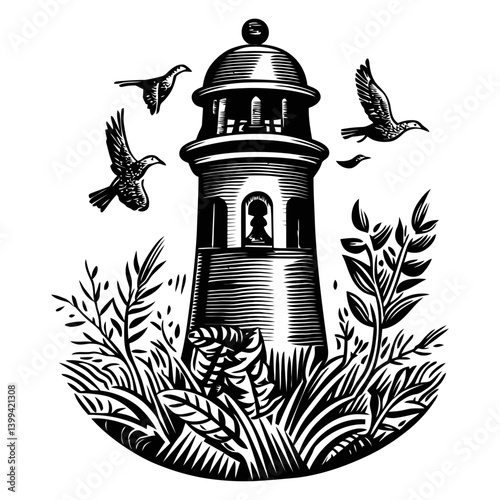Black and White Engraving of a Lighthouse Surrounded by Nature