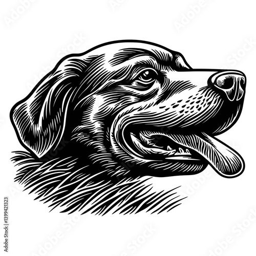 Detailed Illustration of a Happy Dog Head in Black and White