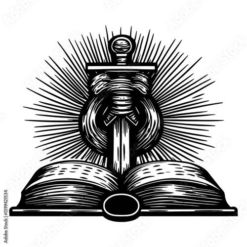 Sword Emerging from Open Book with Radiant Sunburst Design