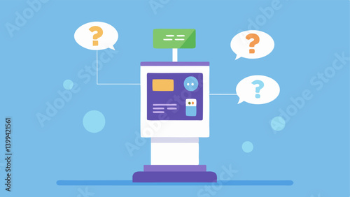 Help Center A vector of a help center with an AIpowered kiosk where customers interact with an automated screen answering FAQs through simple touch commands.