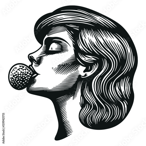 Stylish Woman Blowing Bubblegum in Vintage Art Illustration