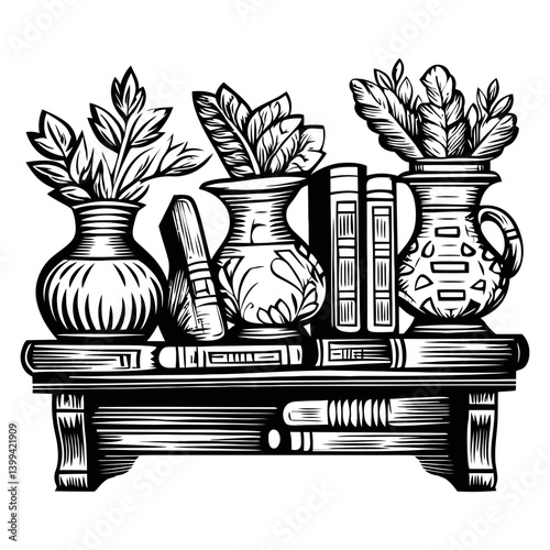 Classic Still Life with Books and Decorative Vases on Shelf