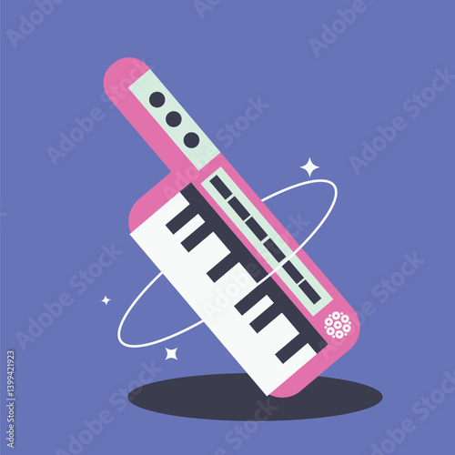 Flat Style Keytar Instrument with Magic Line Swirling, Blue Background