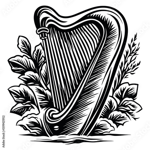 Abstract Artistic Representation of a Harp Surrounded by Leaves