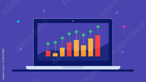 Computer Screen with Graphs A vector illustration showing a laptop with candlestick charts on the screen representing cryptocurrency price movements. The background includes