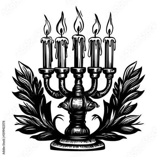 Elegant Candle Holder with Burning Candles and Decorative Leaves