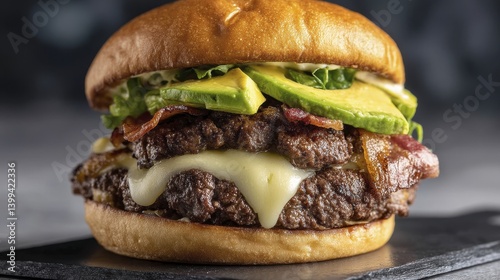 Stacked double patty burger overflowing with melted Swiss cheese, crispy bacon, and fresh avocado - photography ground burger