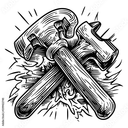 Vintage Style Engraving of Two Hammer Tools Clashing Together