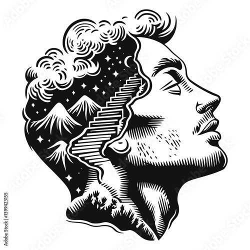 Artistic Representation of Human Profile with Nature and Stars