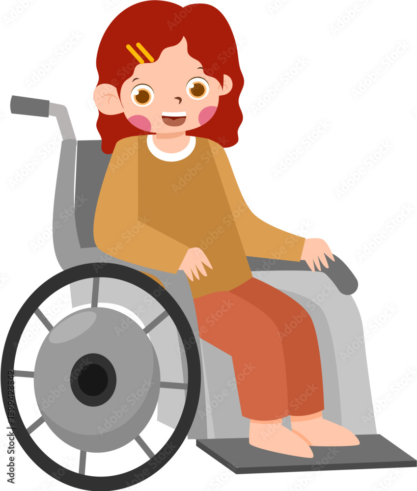 Smiling Girl with Red Hair in Wheelchair, Barefoot, Simple Illustration Smiling Girl with Red Hair in Wheelchair, Barefoot, Simple Illustration