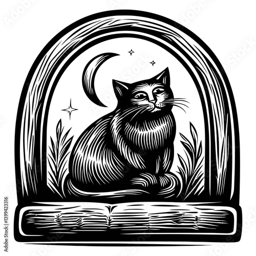Detailed Woodcut Illustration of a Cat Under a Crescent Moon