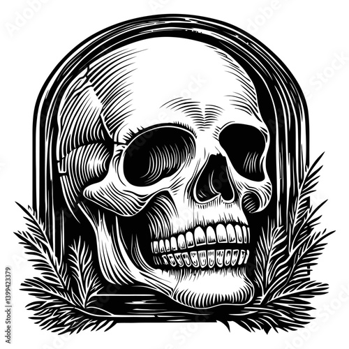 Detailed Illustration of a Human Skull Surrounded by Nature Elements