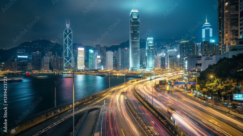A wide-angle view of a bustling expressway at night, with illuminated streetlights and traffic flowing smoothly, showcasing the citys vibrant nightlife. A wide-angle view of a bustling expressway at night, with illuminated streetlights and traffic flowing smoothly, showcasing the citys vibrant nightlife.
