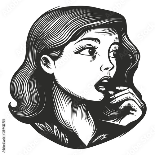 Stylish Retro Illustration of a Woman with Thoughtful Expression