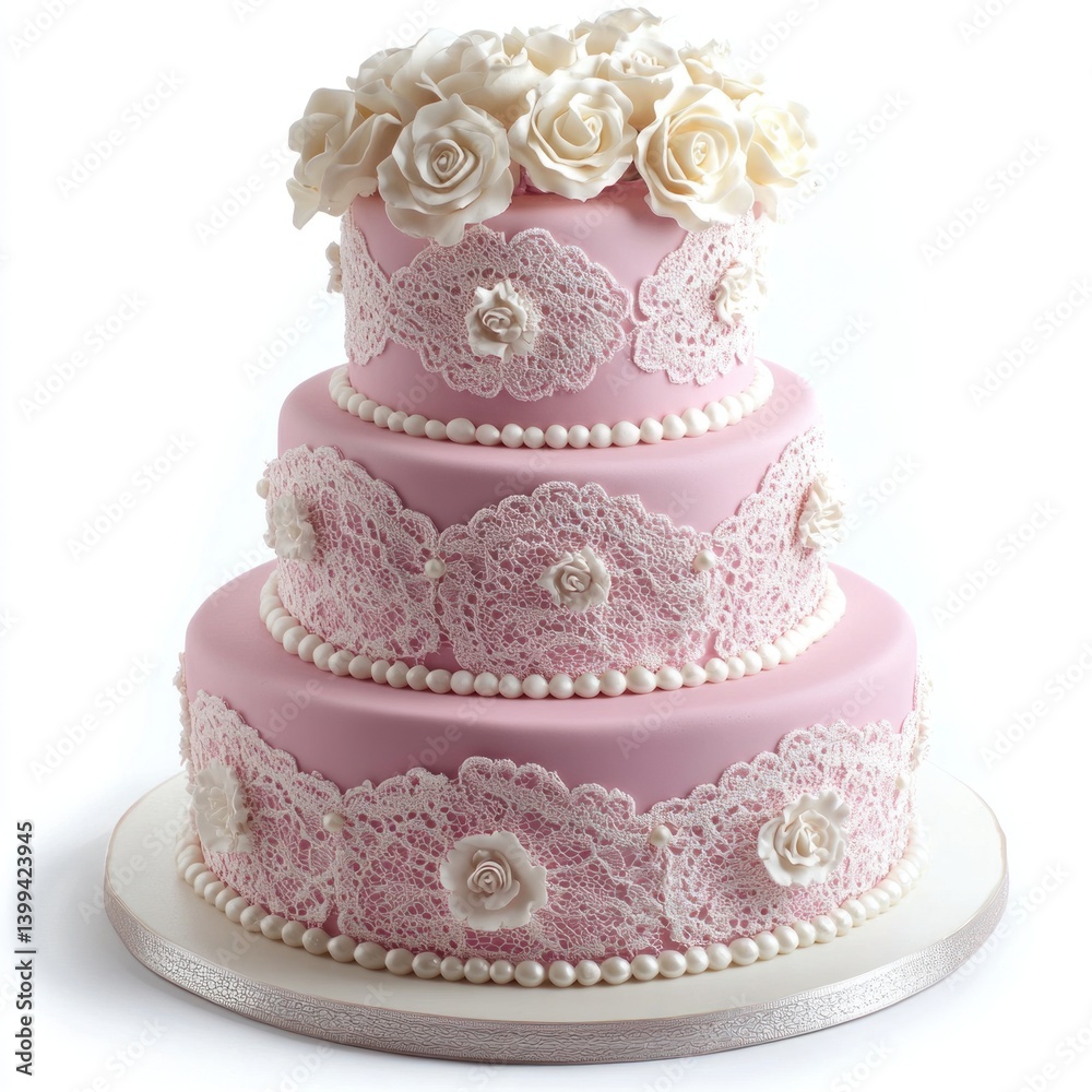 A three tiered pink cake decorated with lace and roses A three tiered pink cake decorated with lace and roses