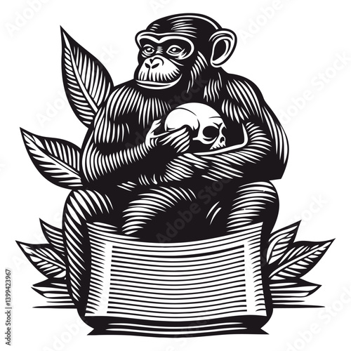 Thoughtful Monkey Holding Skull Surrounded by Leaves and Book
