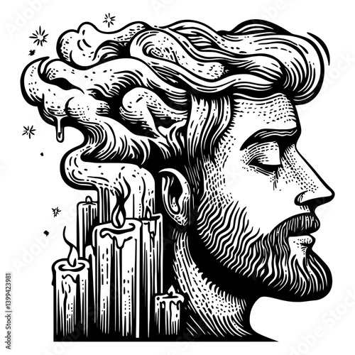 Man with Hair of Flames and Candles in Stylized Black and White