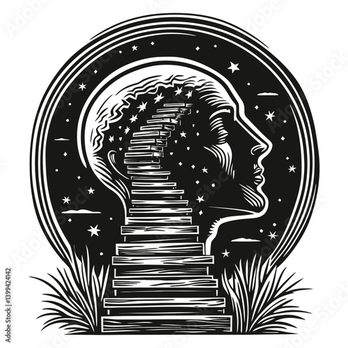 Surreal Staircase to Cosmic Awareness in Profile Silhouette Artwork
