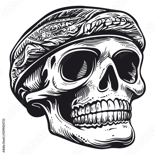 Detailed Skull Illustration with Bandana and Intricate Design