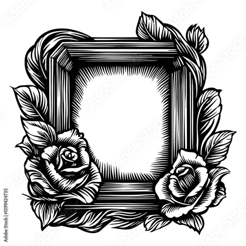 Ornate Black and White Border Design with Roses and Empty Center