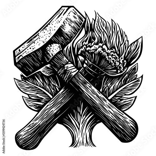 Vintage Hammer and Fire Flames Engraving Style Illustration