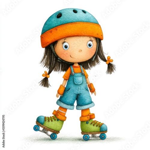 Happy Girl in Blue Roller Skates and Orange Helmet