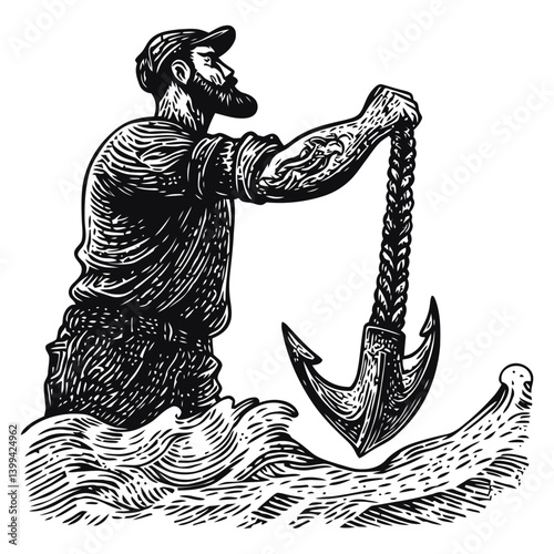 Vintage Style Engraving of a Fisherman with an Anchor in Waves