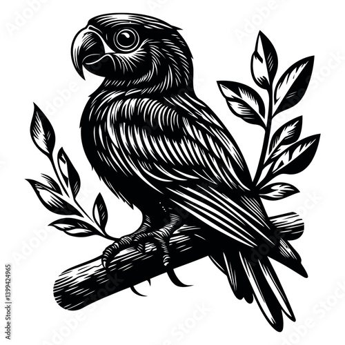 Black and White Illustration of a Parrot Sitting on a Branch