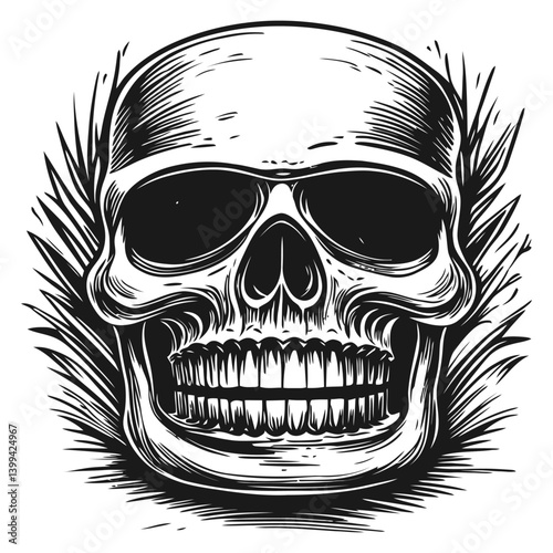 Detailed Vintage Skull Illustration with Spiky Background Design