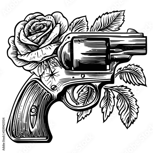 Stylish pistol and rose illustration with intricate details and contrast