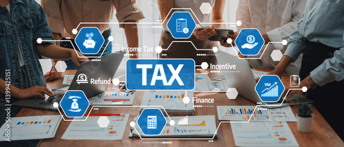 Obraz na płótnie Engaging tax planning session showcasing collaboration among professionals analyzing financial strategies, incentives, and compliance with the aid of technology and charts. Amity w salonie