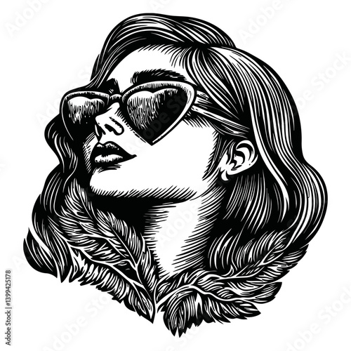 Stylish Woman in Sunglasses with Detailed Hair and Feather Design