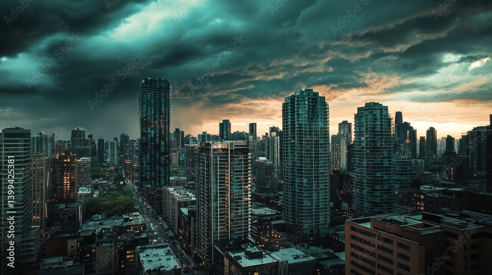 Obraz premium Cityscape under dramatic stormy sky