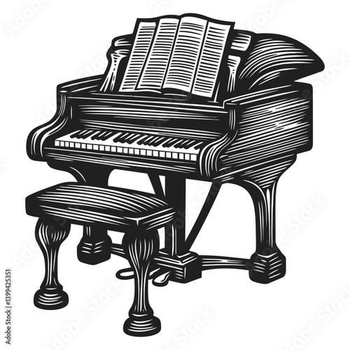 Vintage Wooden Piano with Music Sheet and Bench in Black and White