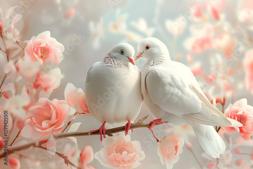 Two white doves showing love and kissing each other