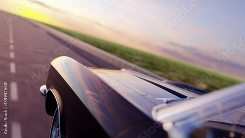 3D retro car rides on the background of the sky