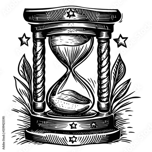 Classic Vintage Hourglass with Decorative Elements and Leaves