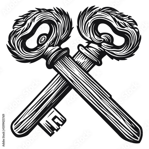 Intricate Vintage Keys Crossed in Artistic Woodcut Style Design