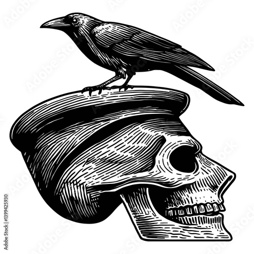Raven Perched on Skull in Intricate Black and White Illustration