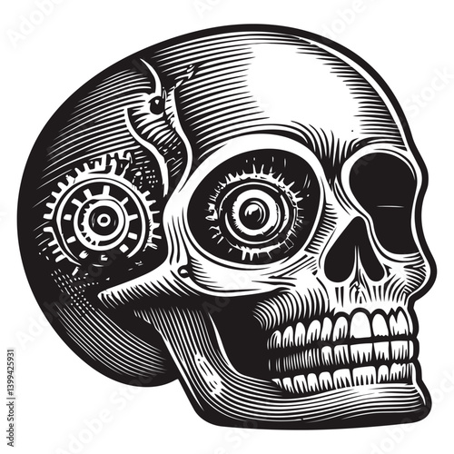 Intricate Vintage Skull with Mechanical Gears and Artistic Design