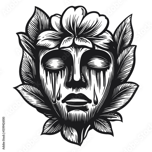 Sad Mask with Floral Elements and Tears in an Artistic Style